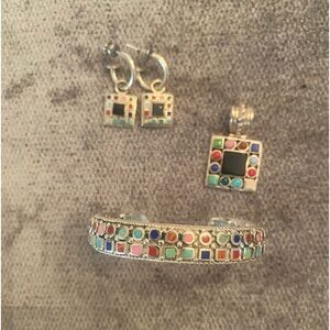Colorful Inlaid in Silver Mosaic Cuff Bracelet, Earrings & Necklace Charm.